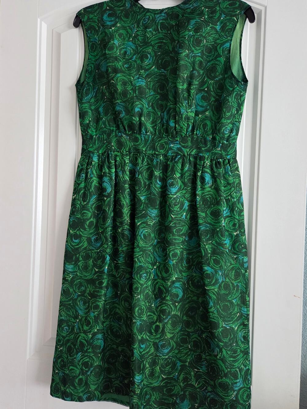 Vintage 60s Mod Psychedelic Swirl Dress Small Pockets Raw Silk Shantung Green